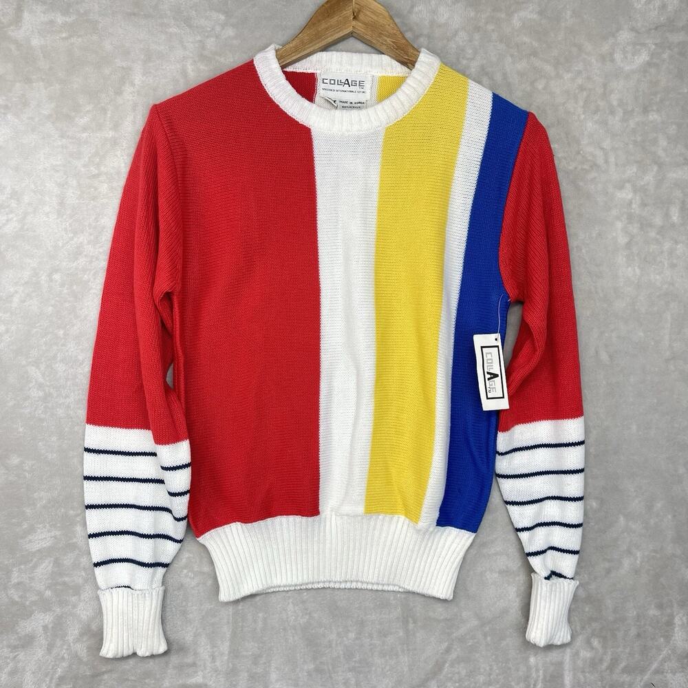 Vintage NWT Collage 80s Colorblock Striped Knit Sweater Womens Medium Retro Prep